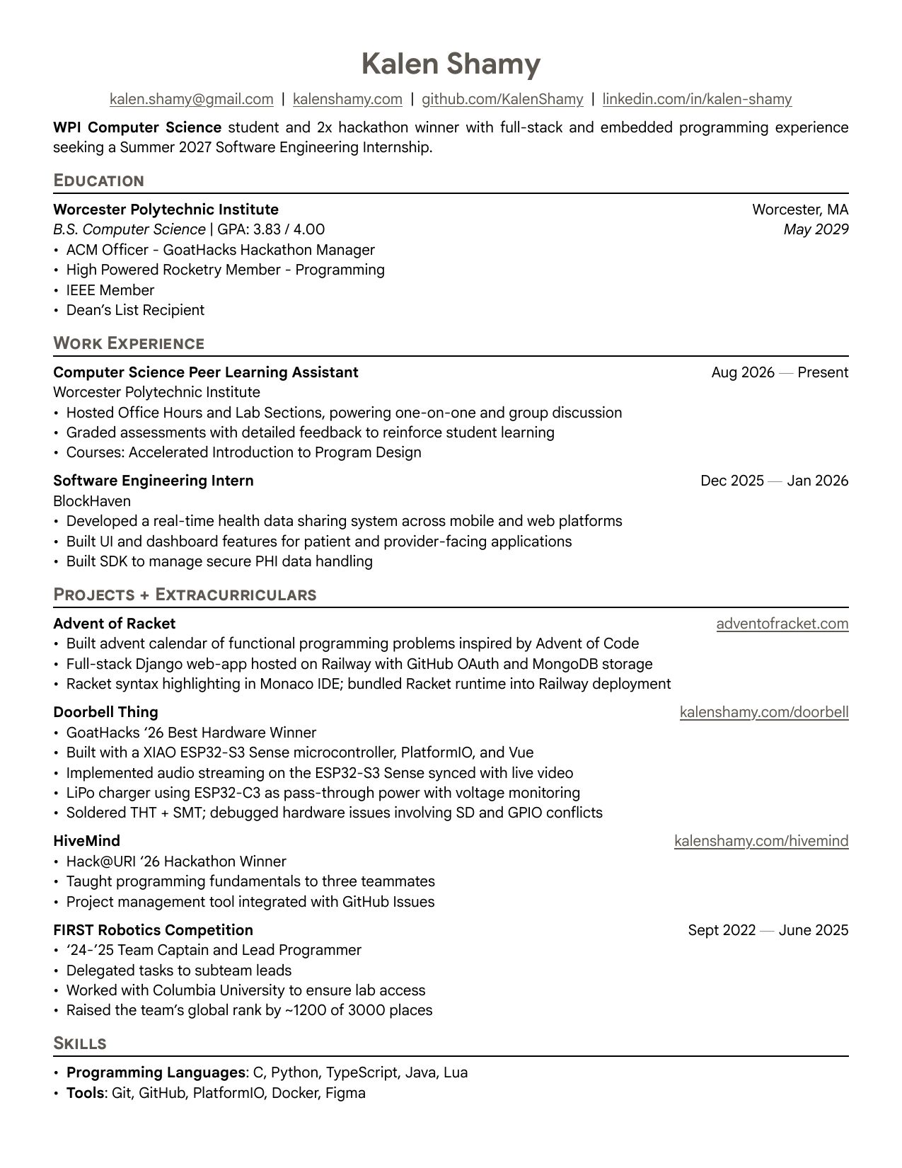 Kalen Shamy's resume, page 1. Opens the PDF.